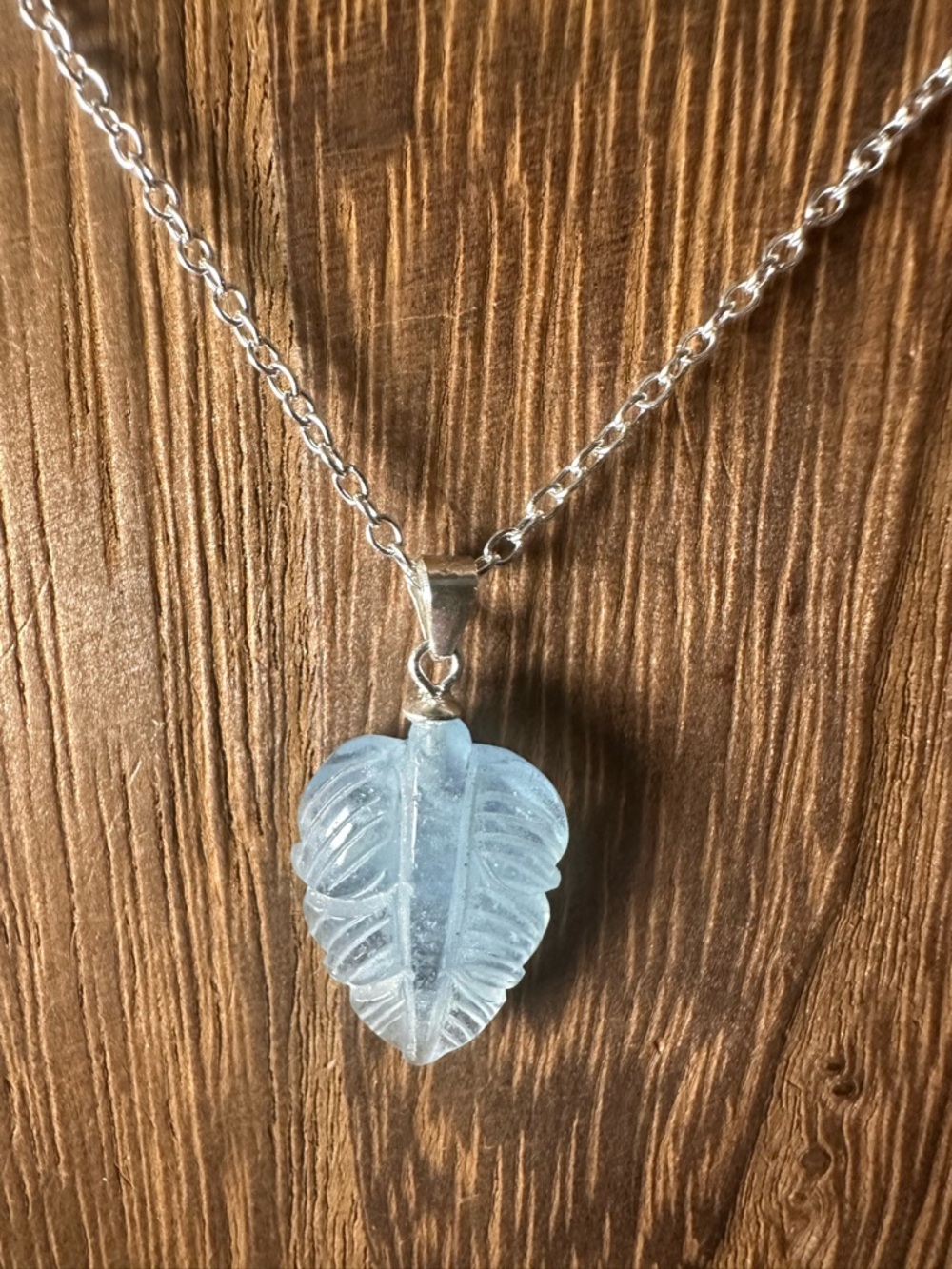 Small Aquamarine Leaf Pendant on Sterling Silver Bail and Silver Plated Chain - Picture 5 of 15